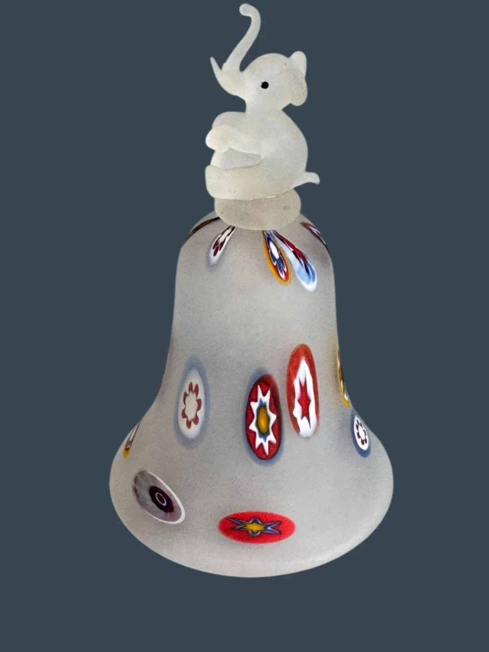 Vintage Frosted Art Glass Bell Millefiori Elephant Finial Hand Blown 5¼